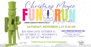 Christmas Magic Fun Run with multicolored text and green nutcracker with event details